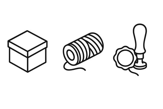 Packaging tools set: box, twine, seal stamp icons vector icon isolated illustration
