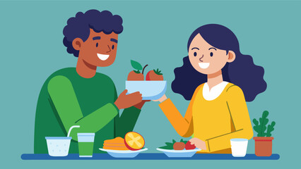 A supportive friend shares healthy recipes and meal ideas with her struggling companion helping him develop a positive and nourishing relationship with food.. Vector illustration