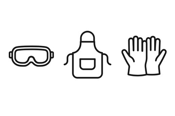 Safety icons: goggles, apron, gloves line art for protection vector icon isolated illustration