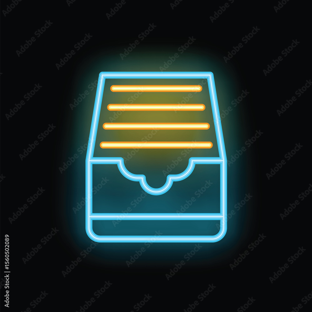 Poster neon archive drawer icon glowing on a dark background, perfect for concepts related to data storage 