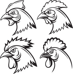 Set of four rooster head silhouette vectors in different artistic styles, perfect for versatile farm, food, and branding designs.