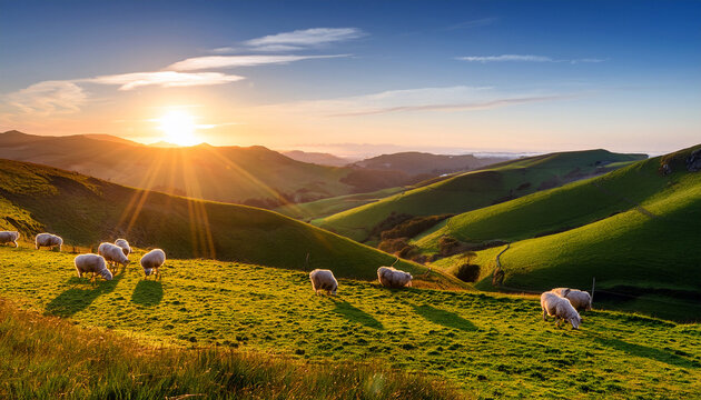 serene sunrise over rolling green hills with sheep grazing in a tranquil landscape