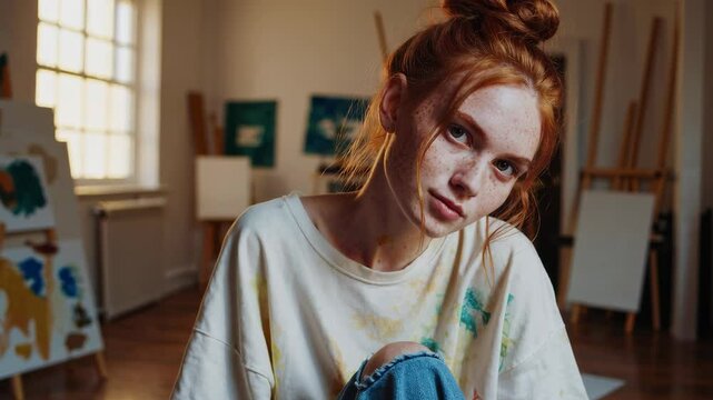 Red-haired woman in an artist's studio wearing a paint-stained oversized T-shirt and ripped jeans, sitting on the floor. A creative and raw mood captured with natural lighting, ideal for artistic, boh