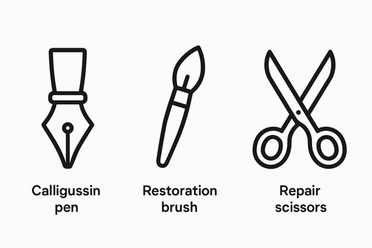 Calligraphy pen, paintbrush, scissors icons - artistic tools illustration vector icon isolated illustration