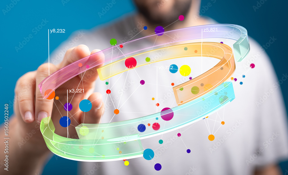 Leinwandbilder abstract image of a person interacting with a 3d data visualization. colorful nodes and connections 