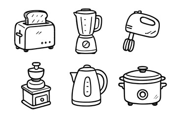 Hand-drawn kitchen appliances: toaster, blender, mixer, grinder, kettle, slow cooker illustrations vector icon isolated illustration