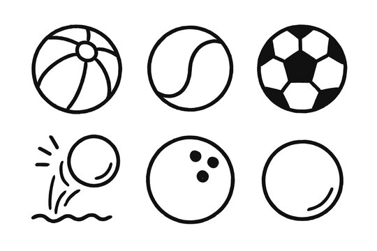 Set of six sports balls icons: beach ball, tennis, soccer, bouncing, bowling, blank outline vector icon isolated illustration