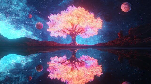Cosmic cherry blossom tree reflected in a tranquil pond, vibrant colours and celestial bodies