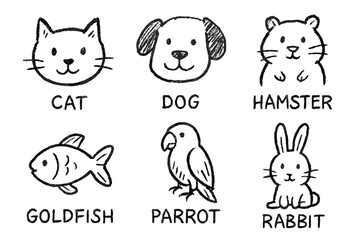 Obraz premium Simple hand-drawn animal illustrations: cat, dog, hamster, goldfish, parrot, rabbit vector icon isolated illustration
