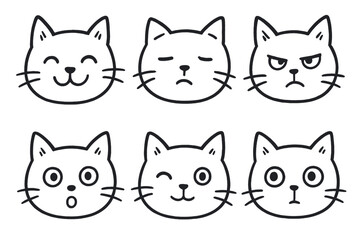 Cat emoji faces displaying various emotions in black and white vector icon isolated illustration