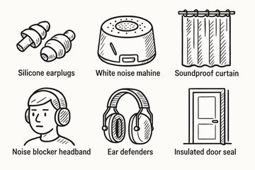 Soundproofing solutions: earplugs, white noise machine, soundproof curtain vector icon isolated illustration