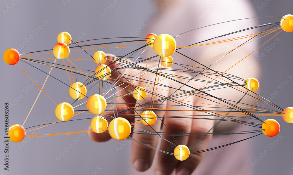 Poster hand interacting with a complex network of interconnected nodes. represents global communication, da