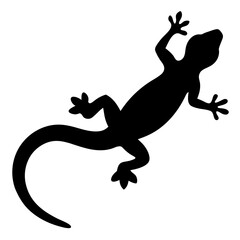 Black silhouette of a gecko lizard with its tail curled on a white background