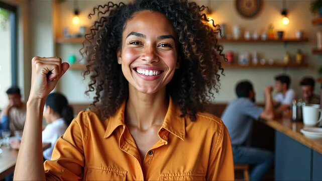 Young optimistic positive woman in color shirt excited of successful finished hard and difficult task or project. She standing in modern cozy cafe setting near her colleagues, her arm raised in fist.