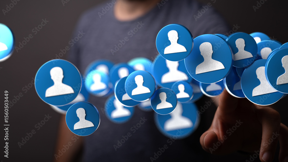 Poster Image depicts a hand interacting with numerous blue profile icons, symbolizing social media connections and networking.