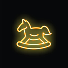 Glowing yellow neon sign depicting a rocking horse toy, isolated on black background