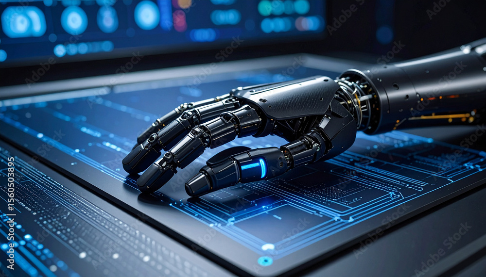 Poster robotic hand on digital interface: a close-up shot of a sophisticated robotic hand delicately intera