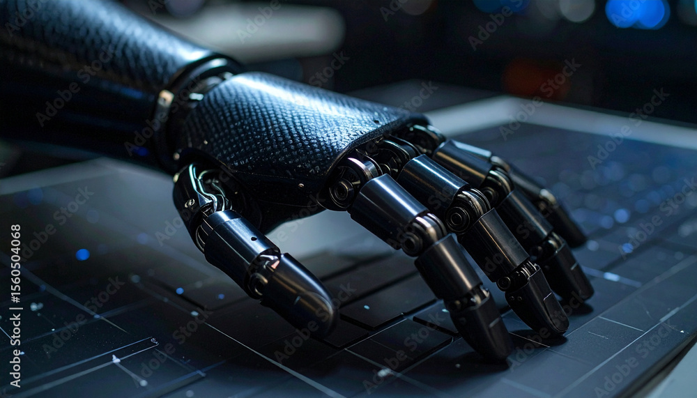 Poster artificial hand innovation: a close-up view of a sleek, advanced artificial hand resting on a surfac