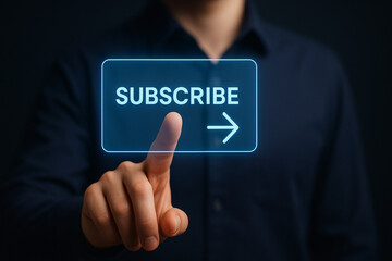 Professional Man Pressing Glowing Subscribe Button in Virtual Interface for Email Signup, Marketing, Notification, or Digital Engagement Concept
