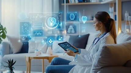 Doctor reviewing medical data on a tablet, virtual interface