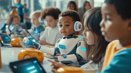 Diverse young children in a classroom, wearing robotic costumes, using tablets, learning