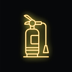 Yellow neon sign of a fire extinguisher glowing on a black background