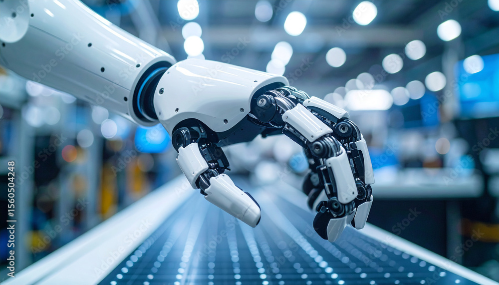 Poster technological grip: a detailed view of a robotic arm in action, grasping, emphasizing precision.