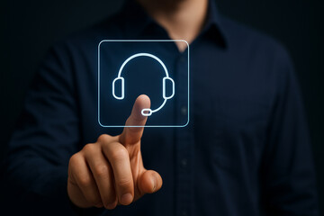 Customer service support hologram icon with headset glowing on screen, modern touch interface technology for digital communication assistance