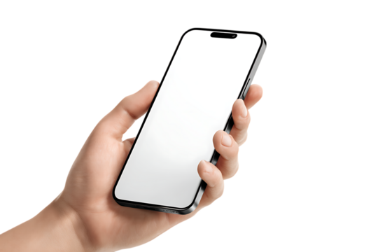 Person holding a smartphone with a blank white screen. Mockup for app or website design.