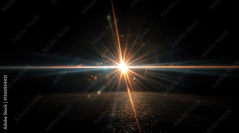 Poster bright lens flare shining horizontally with light rays and bokeh elements illuminating a black, dark