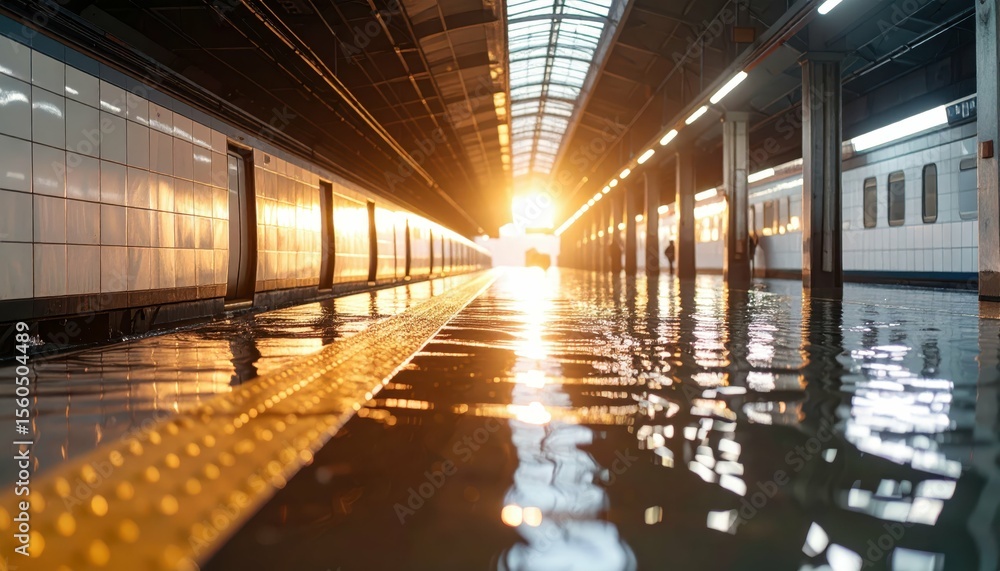 Poster submerged subway platform at dawn with soft light reflection