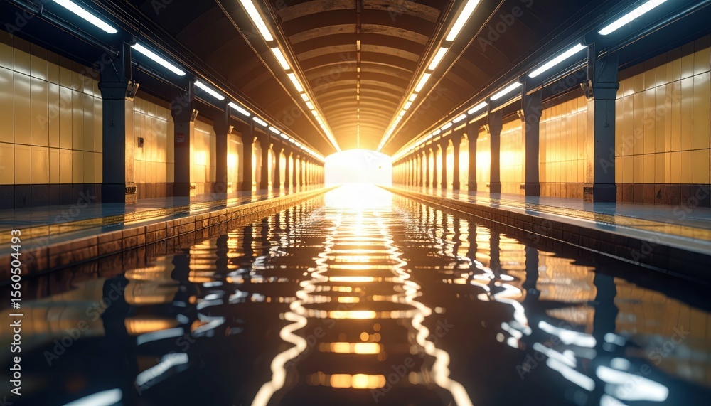 Aufkleber submerged subway platform at dawn with soft light and reflections