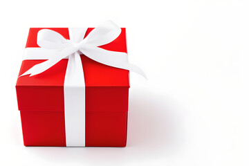 Red gift box with white ribbon isolated on white 