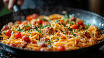 Chef cooks pasta with sausage, tomatoes, herbs in pan, kitchen steam rising