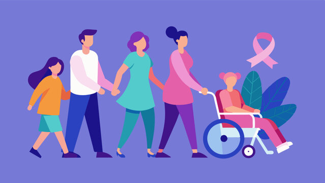 A family pushing a wheelchair with a loved one affected by Alzheimers surrounded by a supportive community holding awareness ribbons.. Vector illustration