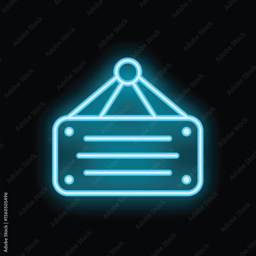 Poster neon sign with copy space showing a bright blue rectangle hanging from three strings on a black back