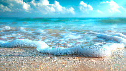 Sea waves with foam roll onto the sandy shore creating an atmosphere of relaxation and tranquility. Tourist background for summer and exotic destinations