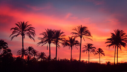 palm trees at sunset hues of orange red and pink fill the sky with a dreamy silhouetted effect