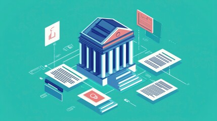 Isometric illustration of a bank building connected to digital documents and icons, representing online banking and financial technology.