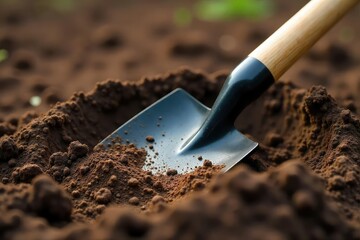 Sturdy Metal Shovel on Freshly Tilled Soil, Ready for Spring Gardening and Landscaping Projects. Close-up view highlighting the rustic texture and detail of this essential gardening tool.