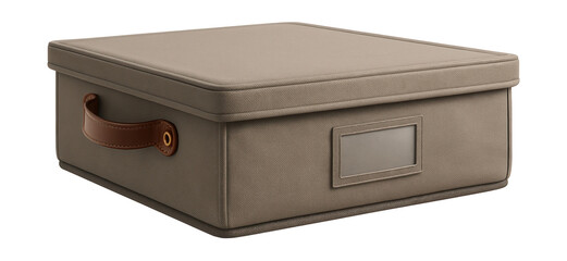 Collapsible fabric under-bed storage bin with a label holder to organize holiday decorations in a townhouse.