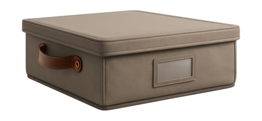 Collapsible fabric under-bed storage bin with a label holder to organize holiday decorations in a townhouse.