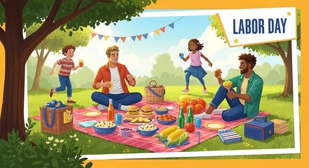 Happy family enjoys a Labor Day picnic in a sunny park, children playing nearby.