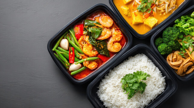 Various Thai dishes elegantly displayed in black takeout containers present a delicious meal service ready for delivery and convenient dining experience at home.