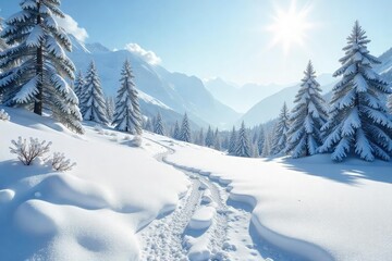 Serene Winter Landscape Untouched Snow, Peaceful Contemplation, Sunlight on Pristine Horizon, Ideal for Relaxation and Leisure.