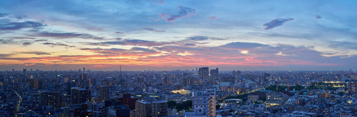 Fototapeta premium Tokyo Skyline at Sunset – Panoramic View with Colorful Evening Clouds