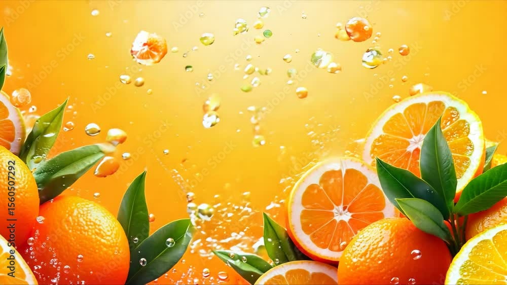 Poster close up of oranges and leaves with bubbles in the background. the oranges are in various stages of 