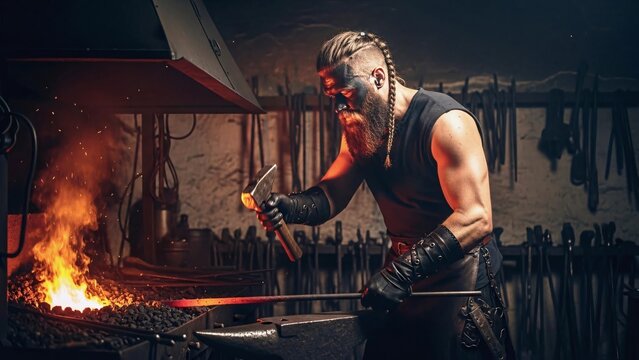 Brutal blacksmith with painted face and muscular arms forging metal detail with hammer on the anvil in the smoky workshop, sparks and fire flying around
