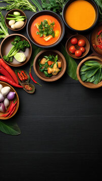 A vibrant arrangement of various fresh vegetables, herbs, and spicy seasonings displayed on a dark wooden surface evokes the essence of healthy cooking recipes.