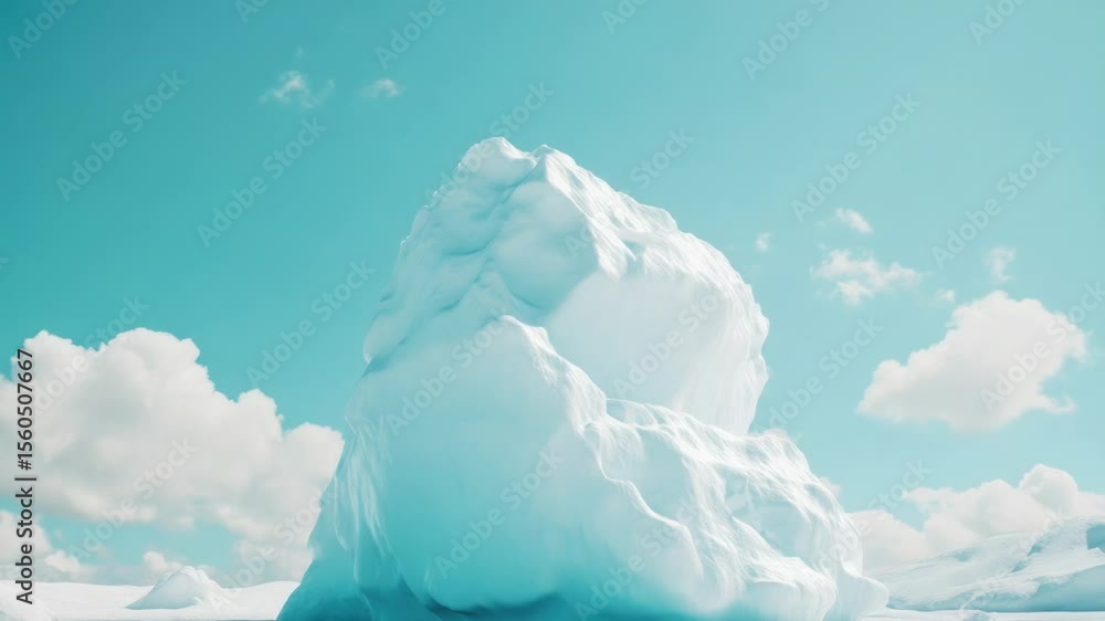 Poster a massive iceberg floating in the middle of a vast ocean or lake, with waves crashing against its si